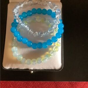 Set of Three Beaded Stretch Bracelets in Blue, Opaque and Clear, natural stones